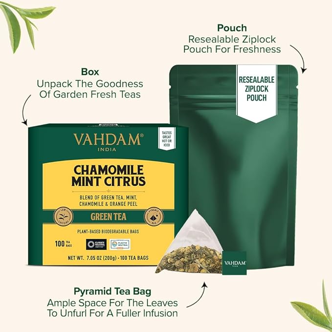 VAHDAM, Chamomile Mint Citrus Green Tea Bags (100 Count) Low Caffeine, Non GMO, Gluten Free | Sweet