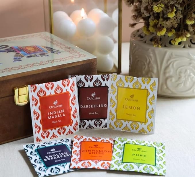 Octavius Gift's Select - Assorted Tea in Elephant Printed Wooden Box | 6 Flavors, 90 Tea Bags |