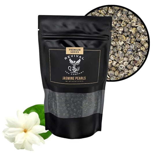 Revival Tea Company Jasmine Tea Pearls - Hand-Rolled Green Tea Scented with Jasmine Flowers - 4.5