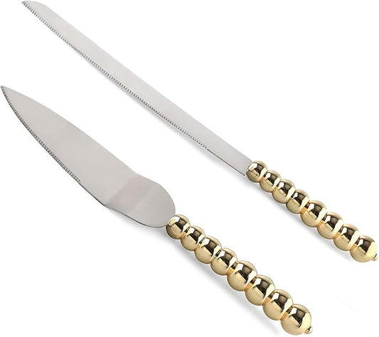 Homi styles wedding cake knife and server set | Elegant Gold Color With Beaded Handles & Premium