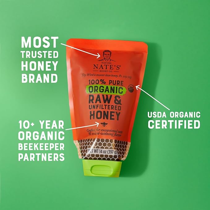 Nature Nate's 100% Pure USDA Organic Raw & Unfiltered Honey, 14 oz. No-Drip Sustainable Squeeze