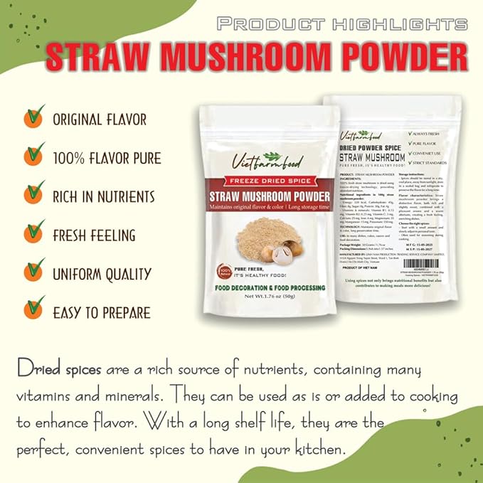 STRAW MUSHROOM POWDER 1.76 Oz (50g) VIETFARMFOOD: Pure, natural freeze-dried spice made from real