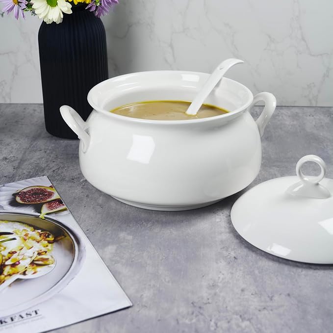 Ceramic Serving Soup Tureen Bowls with Lid and soup spoon, 2.4 QT White French Serving Tureen