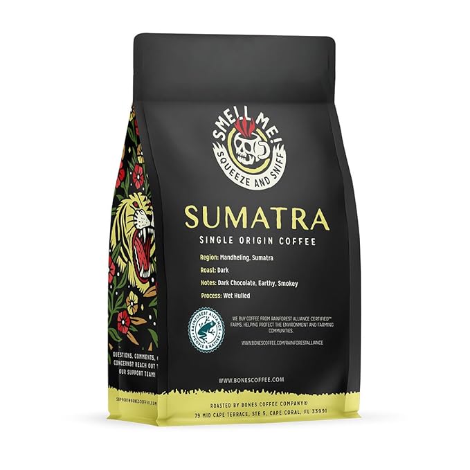Bones Coffee Company Sumatra Single-Origin, Dark Chocolate, Smoky Earthy Notes, Whole Coffee Beans