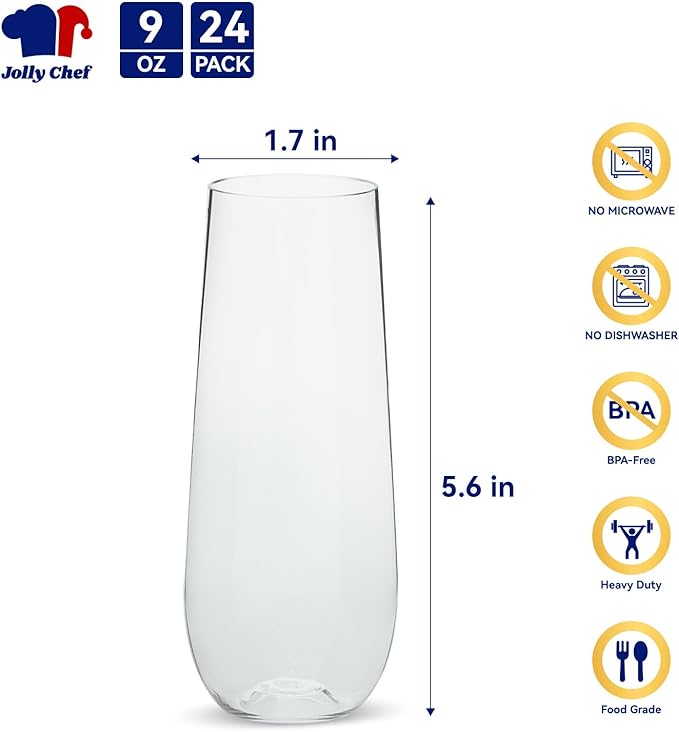 JOLLY CHEF 24 Pack Stemless Plastic Champagne Flutes 9 oz, Crystal Clear Stemless Plastic Toasting