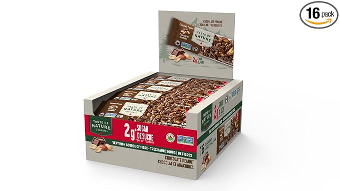 Taste of Nature - Organic 2g Sugar Chocolate Peanut - Low Sugar Snack and Breakfast Bar, High Fiber