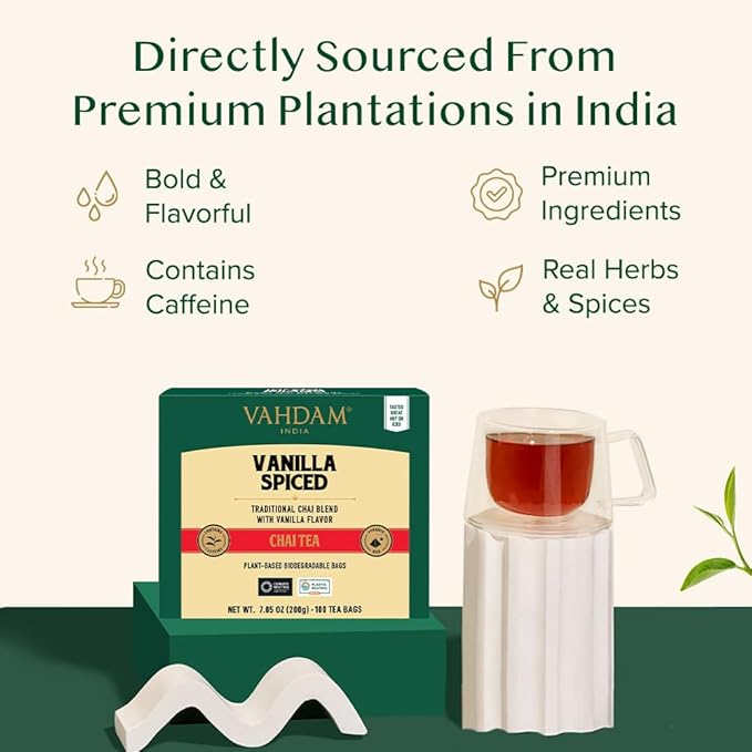 VAHDAM, Vanilla Spiced Chai Tea | 100 Tea Bags | Delicious Blend of Vanilla Masala Chai | Brew Hot