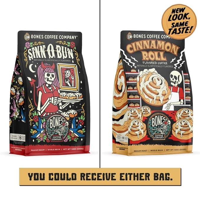Bones Coffee Company Cinnamon Roll Flavored Coffee, Medium Roast Low Acid Arabica Beans Compatible