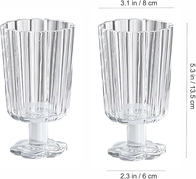 Footed Ice Cream Cups Drinking Glasses Set of 2 (Transparent), Flower Petal Style Glass Goblet