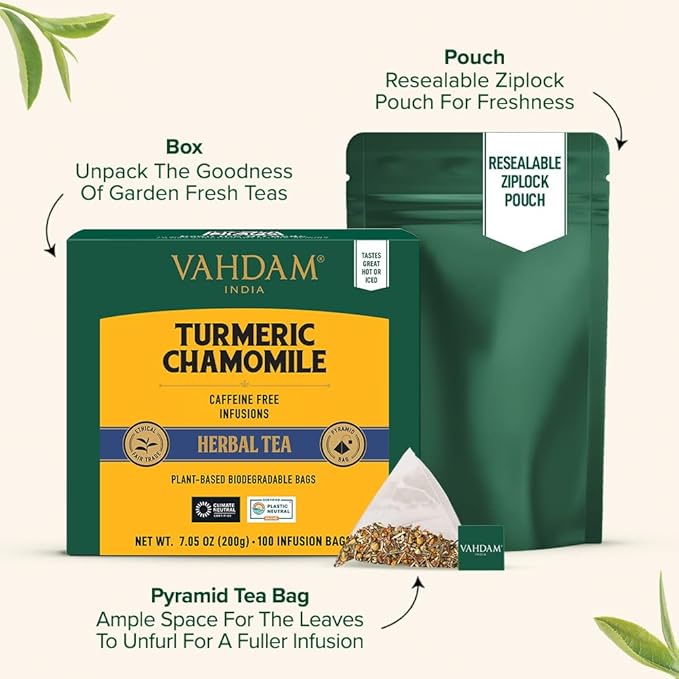 VAHDAM, Turmeric Chamomile Tea Bags (100 Herbal Tea Bags) Caffeine Free,100% Pure Herbal Tisane