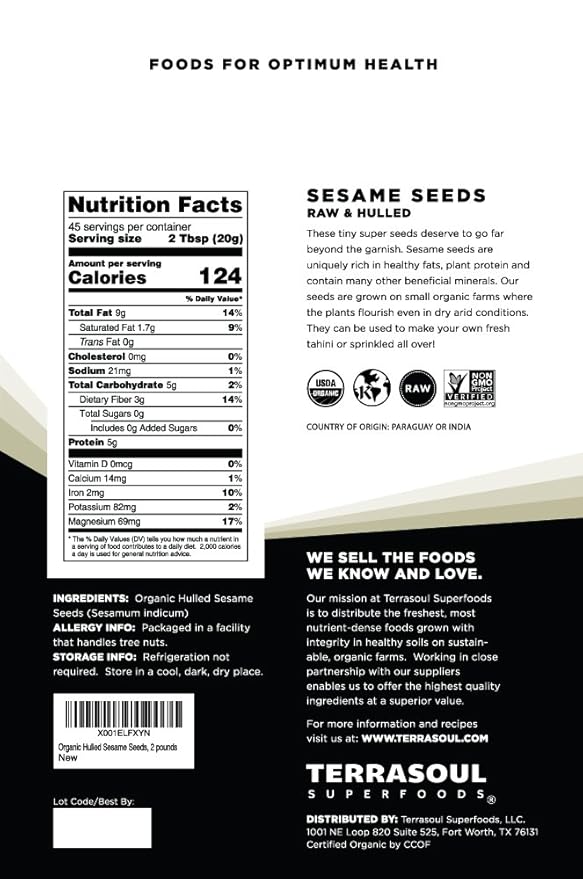 Terrasoul Superfoods Organic Hulled Sesame Seeds, 4 Lbs (2 Pack) - Perfect for Tahini | Gluten-free