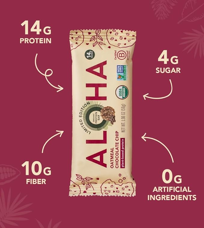 ALOHA Organic Plant Based Protein Bars - Oatmeal Chocolate Chip - 12 Count, 1.9oz Bars - Vegan