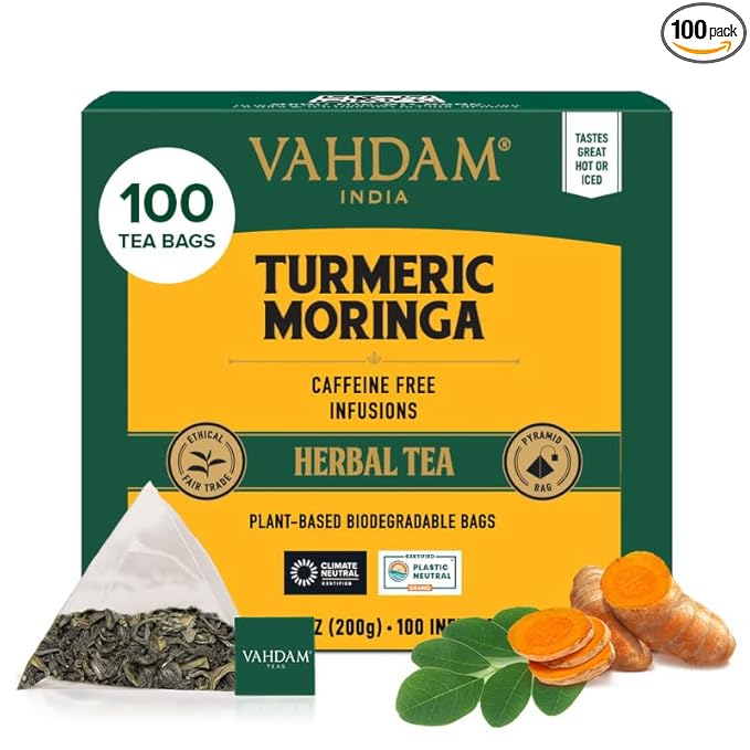 VAHDAM, Turmeric Moringa Tea Bags (100 Herbal Tea Bags) Caffeine Free, Non GMO | 100% Pure Herbal