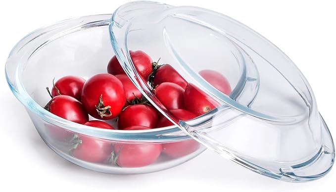 Round Glass Casserole Dish with Glass Lid, Nesting Glass Baking Dish, Heat, Cold and Shock Proof