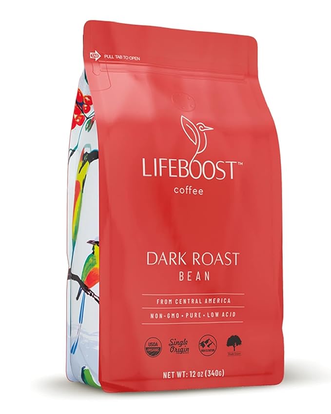 Lifeboost Dark Organic Coffee Beans - Single Origin Non-GMO Dark Roast Low Acid Coffee Beans