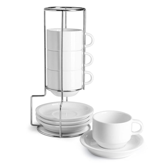 Sweese Porcelain Espresso Cups Set, 4 oz Stackable Cups with Saucers Metal Stand, Set of 4, White
