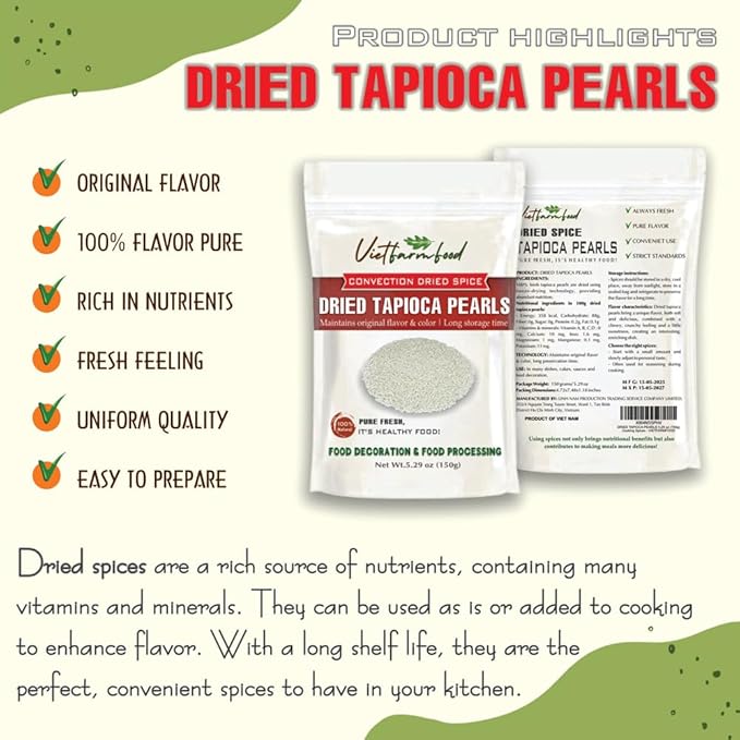 DRIED TAPIOCA PEARLS 5.29 Oz (150g) VIETFARMFOOD: Natural pure, convection dried seasoning made