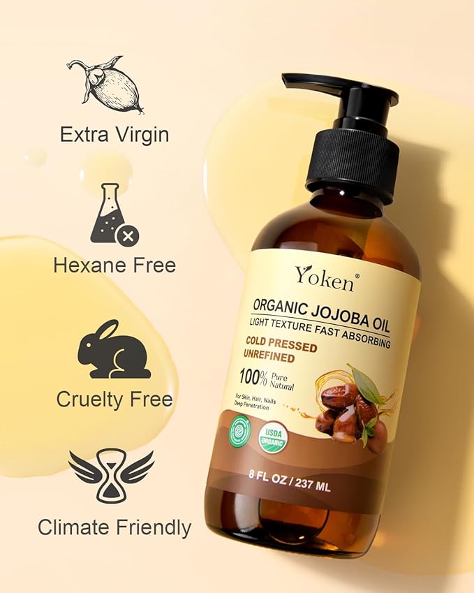 Yoken Organic Jojoba Oil Glass Bottle 8 fl oz, USDA Certified 100% Pure & Natural Jojoba Oil for