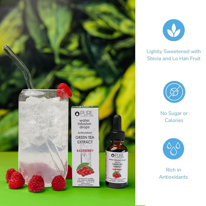 Pure Inventions - Green Tea Raspberry Water Infusion Drops - Antioxidants & Electrolytes - Health &