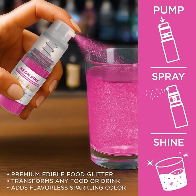 Bakell - Neon Pink Tinker Dust (4g, 1x Mini Spray Pump) Edible Glitter for Food, Desserts, and