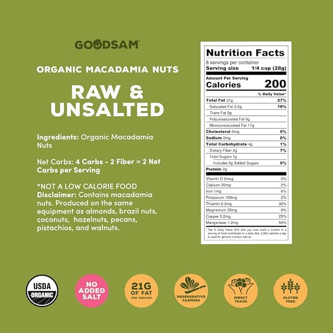 goodSAM Organic Raw Macadamia Nuts – Unsalted, Whole Nuts – Buttery Creamy Flavor – Sustainably