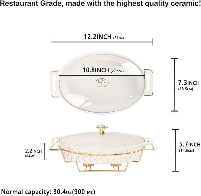 10" x 7" Ceramic Oval Casserole Dish with Glass Lid and Gold rack, 30 ounce Serving Soup