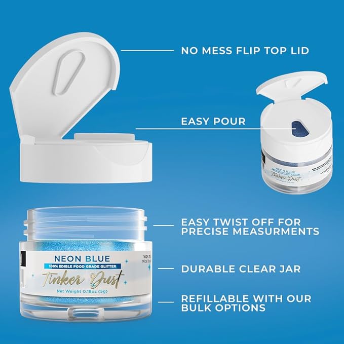 Bakell - Neon Blue Tinker Dust (5g, 1x Jar) Edible Glitter for Food, Desserts, and Beverages!