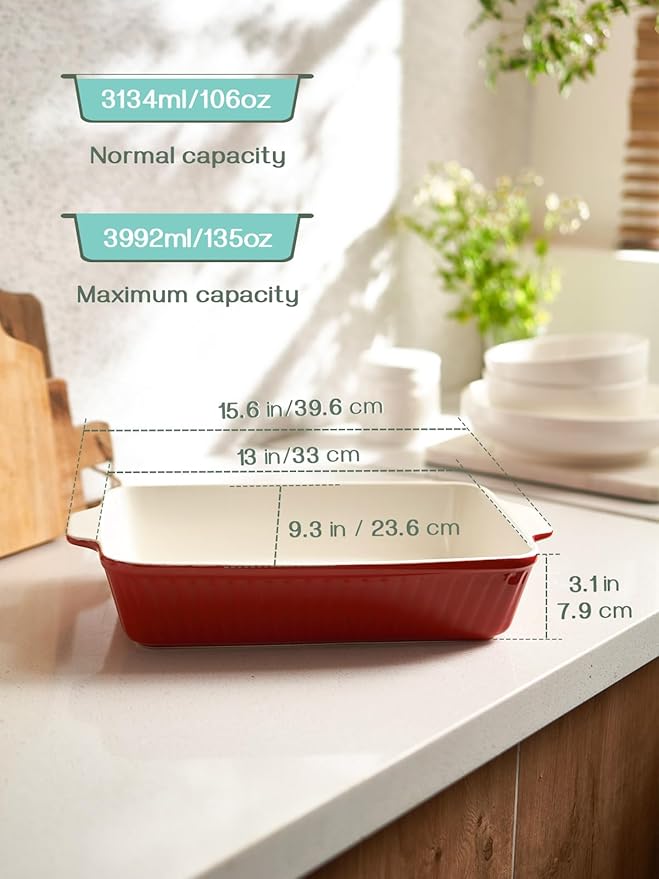 DOWAN 9x13-inch Deep Casserole Baking Dish for Lasagna, 135 oz Ceramic Pan with Handles, Oven Safe