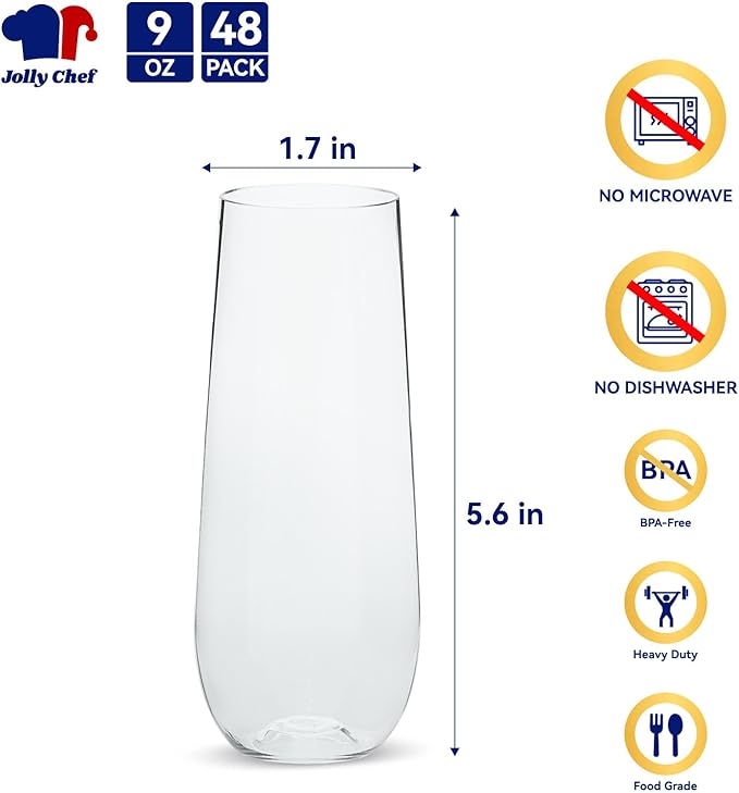 JOLLY CHEF 48 Pack Stemless Plastic Champagne Flutes 9 oz, Crystal Clear Stemless Plastic Toasting