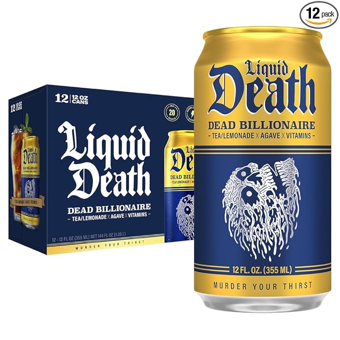 Liquid Death, Dead Billionaire Iced Tea, 12-Pack (12 oz Cans), Half Lemonade Half Black Tea, Low