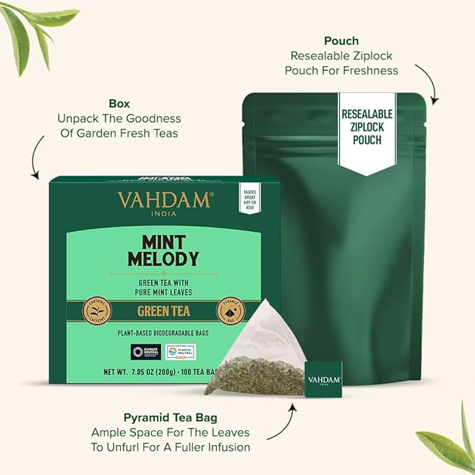 VAHDAM, Mint Green Tea Bags (100 Count) 100% Pure Leaf Tea, High Grown, Low Caffeine, Non GMO
