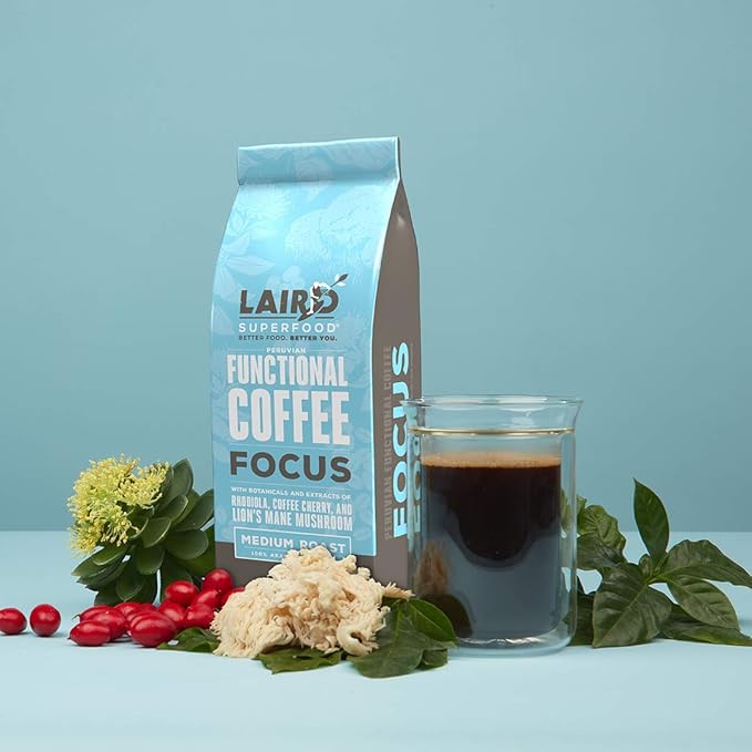 Laird Superfood Focus Coffee, Medium Roast Ground Coffee Infused with Functional Mushrooms and