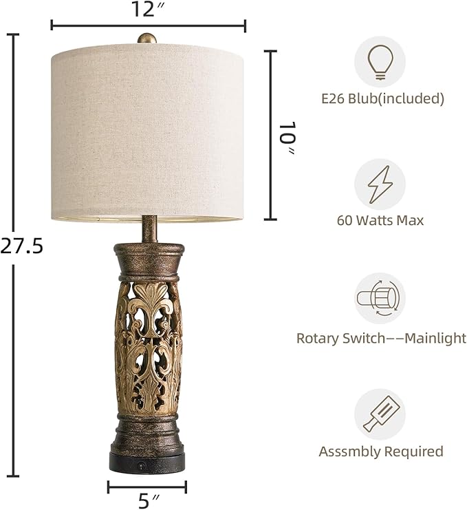 BOBOMOMO 27.25” Antique Gold Table Lamps Set of 2 – Farmhouse Bedside Lamps with Night Light & USB