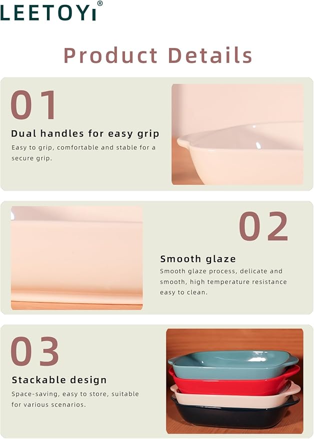 LEETOYI Ceramic Small Baking Dish, Porcelain 2-Piece Rectangular Bakeware with Double Handle