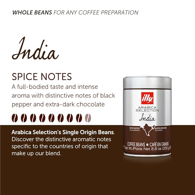 illy Whole Bean Coffee, Arabica Selections, India, Single Origin, 100% Arabica, All-Natural, No