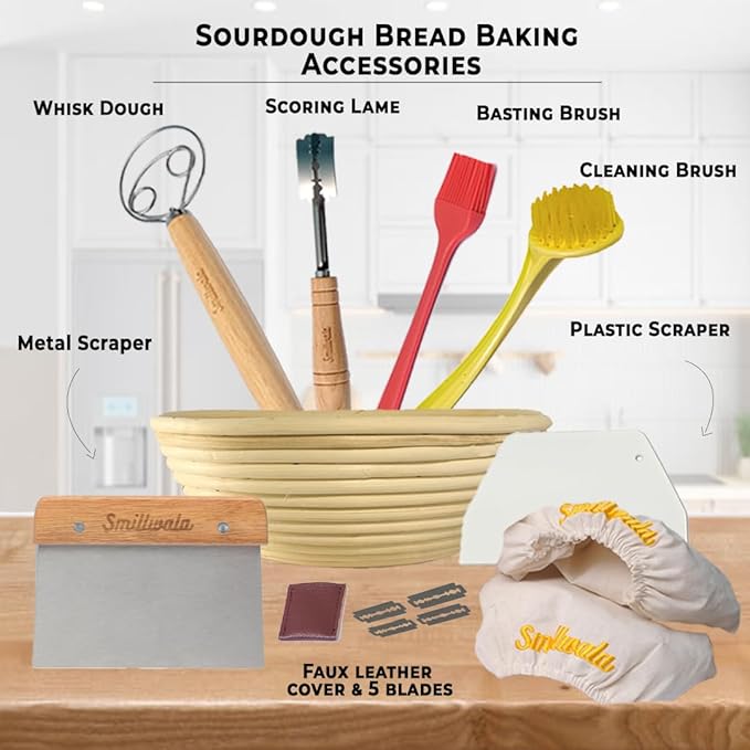 Round Banneton Bread Proofing Basket with Linen Liner, 9??Bread Basket with 6 Essential Bread