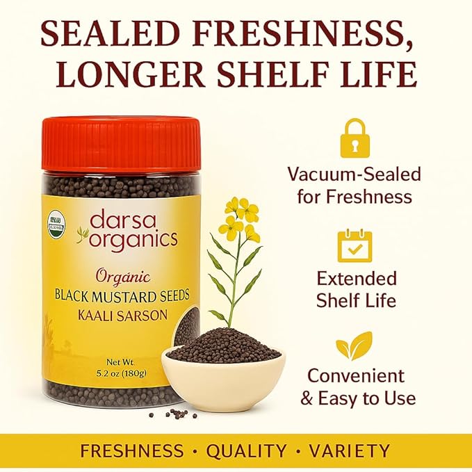 Darsa Organics Black Mustard Seeds 5.3 oz - Premium Quality USDA Organic Certified Black Mustard
