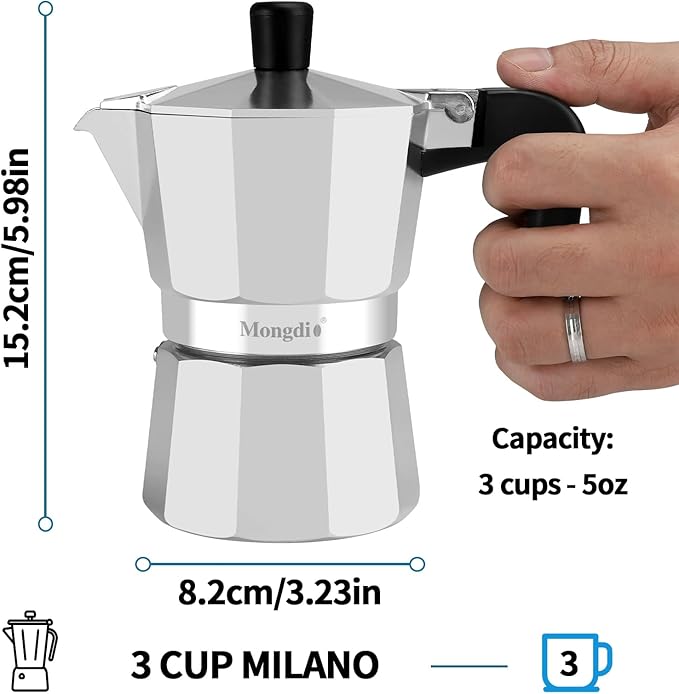 Mongdio Stovetop Espresso Maker Moka Pot, Stove Top Cuban Coffee Maker, Italian Greca Mocha Pot, 3