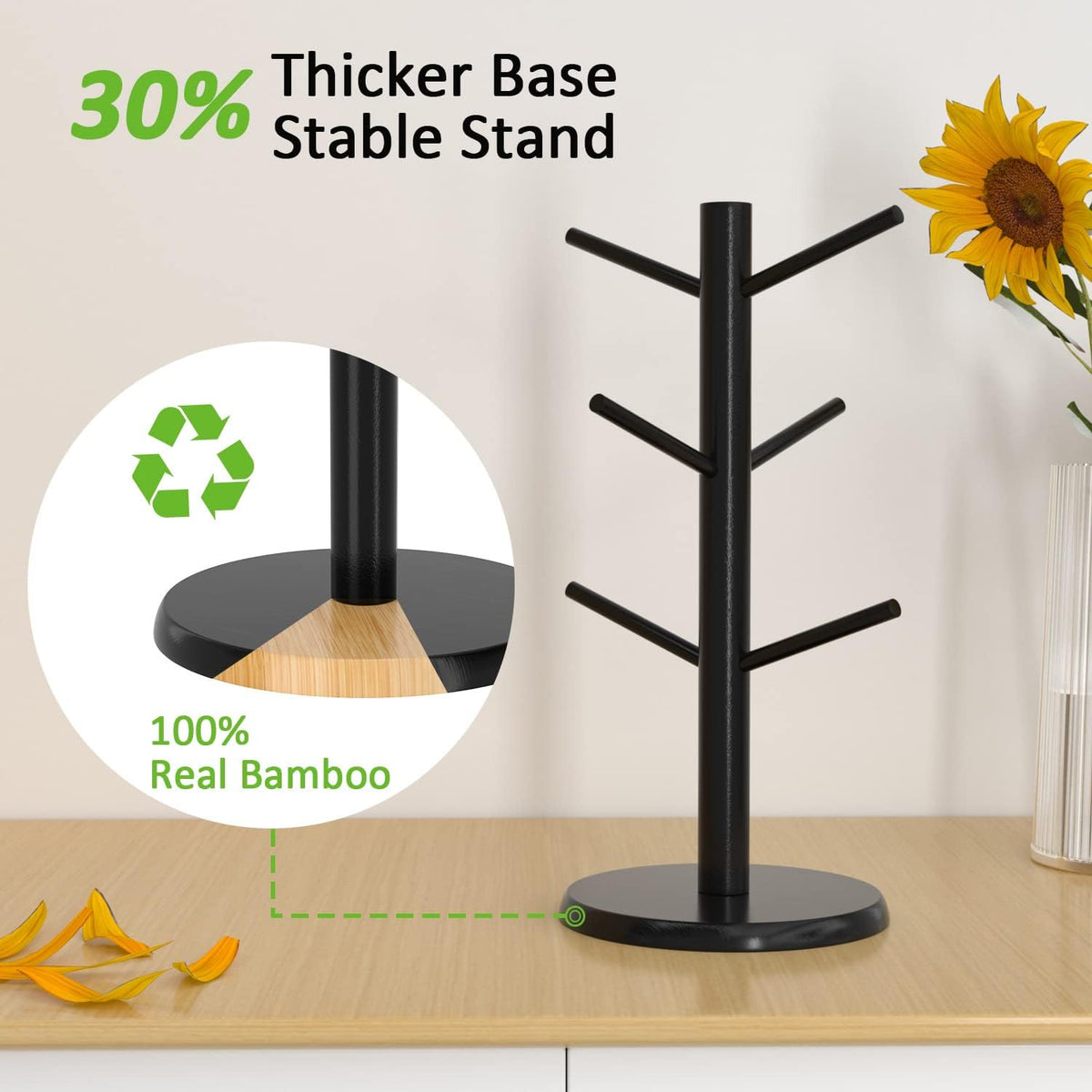 Coffee Mug Holder with 6 Hooks, Bamboo Mug Tree Stand for Countertop, Black