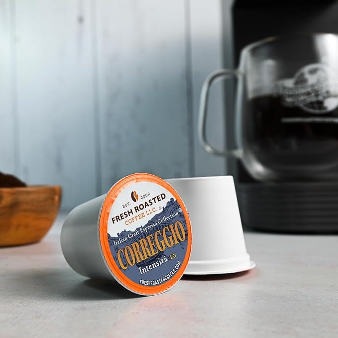 Fresh Roasted Coffee, Correggio Italian Craft Artisan Blend, Dark Roast, Kosher, 24 Pods for K cup