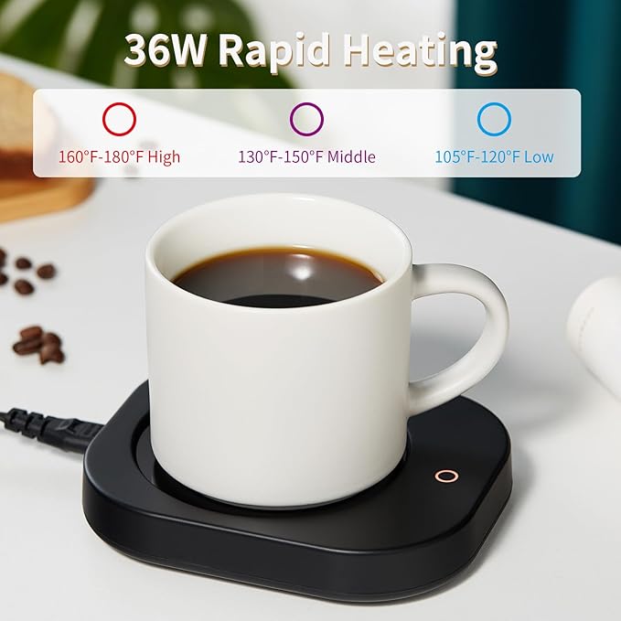 Mug Warmer with 4-Hour Auto Shut Off, 3 Temperature Settings, Frosted Black Rectangular Electric