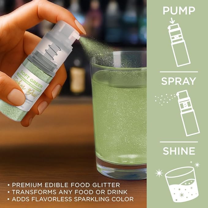 Bakell - Soft Green Tinker Dust (4g, 1x Mini Spray Pump) Edible Glitter for Food, Desserts, and