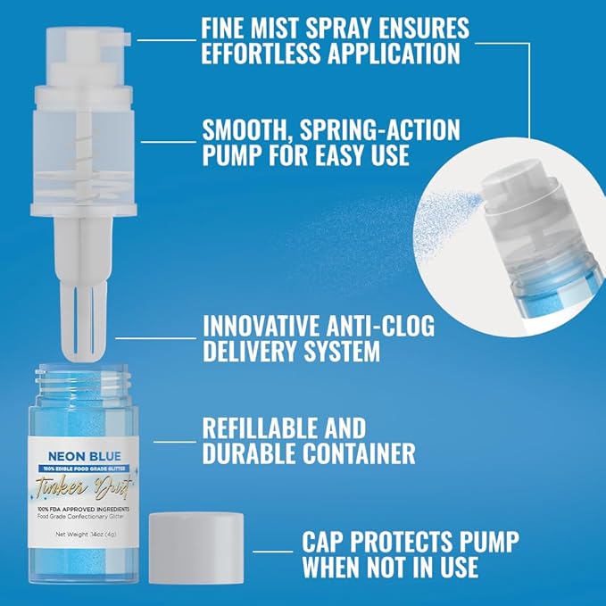Bakell - Neon Blue Tinker Dust (4g, 1x Mini Spray Pump) Edible Glitter for Food, Desserts, and