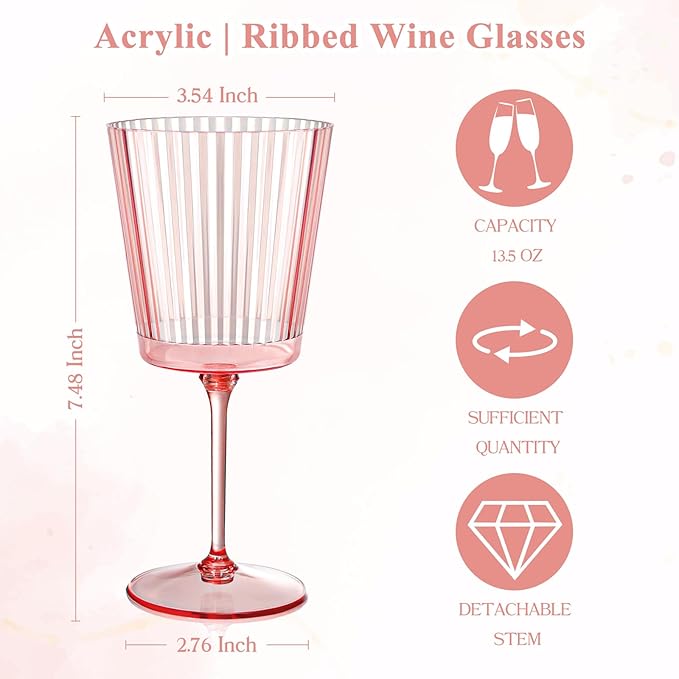 48 PCS Pink Plastic Wine Glasses with Removable Stems 13.5 Oz Pink Ribbed Wine Glasses Square White
