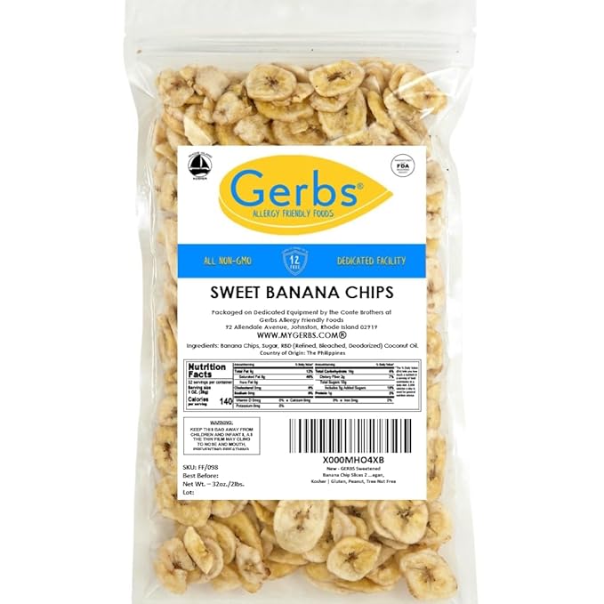Gerbs Banana Chips Sweetened, 2 LBS – Unsulfured & Preservative Free - Top 14 Allergy Friendly &