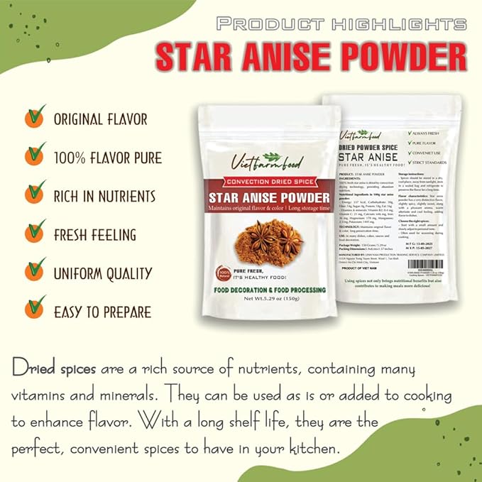 STAR ANISE POWDER 5.29 Oz (150g) VIETFARMFOOD: Natural pure, convection dried seasoning made from