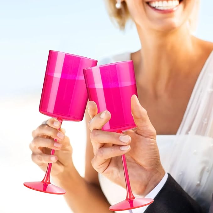 Ciaell 12 Pack Plastic Wine Glasses - 10Oz Hot Pink Plastic Wine Glasses With Stem - Disposable