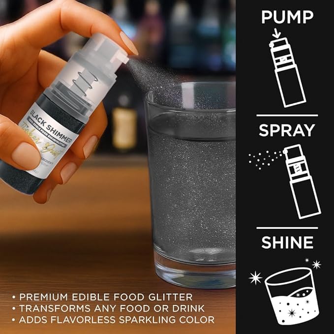 Bakell - Black Tinker Dust (4g, 1x Mini Spray Pump) Edible Glitter for Food, Desserts, and