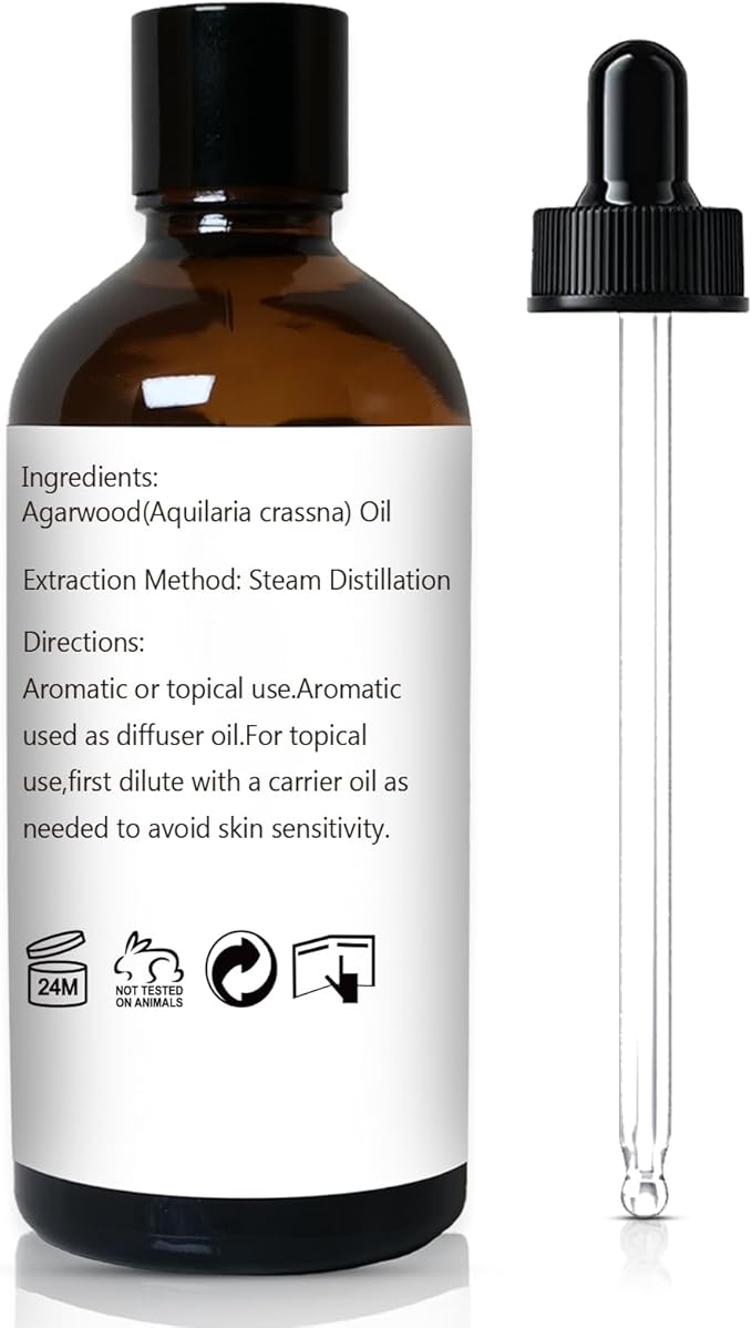 Agarwood Essential Oil 3.38oz/100ml, Pure Qud Oil for Relaxation, Meditation, SPA, Aromatherapy