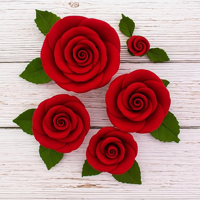 Global Sugar Art Edible Exquisite Rose & Leaf Tray Sugar Cake Flowers, Red Unwired, 5 Count by Chef